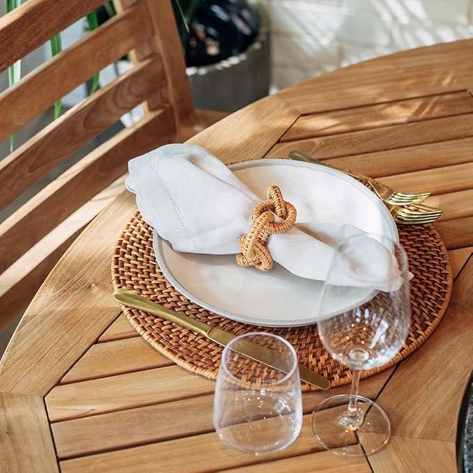 Ash & Ember Grade A Teak 59" Round Dining Table with Granite Lazy Susan, Turntable Rotating Tray Serving Plate, Slatted Surface with Umbrella Hole, Fits 4 People Comfortably, Weather-Resistant