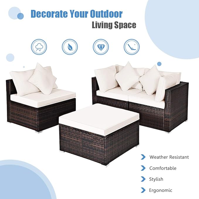 HAPPYGRILL 4 Pieces Patio Conversation Set Outdoor Wicker Sofa Set, Modern Sectional Couch Set with Washable Cushions & Pillows, All Weather PE Rattan Patio Furniture Set (Beige)