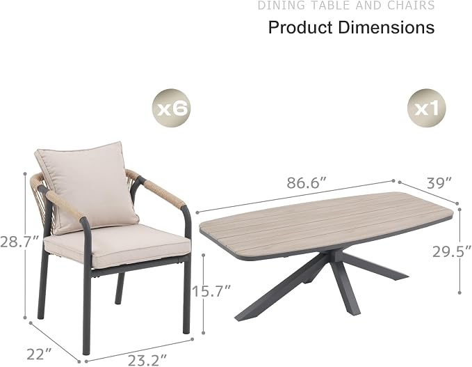 SUNSITT 7 Piece Outdoor Patio Dining Set, Patio Dining Furniture Set with 87” Aluminum Dining Table w/X Base Legs and 6 Woven Wicker Patio Chairs w/Curved Backrest for Garden, Dark Grey