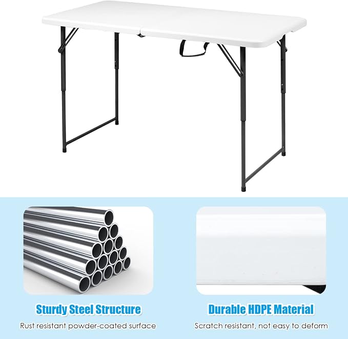 TANGZON 4FT Folding Picnic Table, 3 Adjustable Heights Camping Table with Carry Handle, Indoor Outdoor Dining Table for BBQ Catering Buffet Party, 150KG Capacity (Black Feet, 122 x 61 x 46/60/74cm)