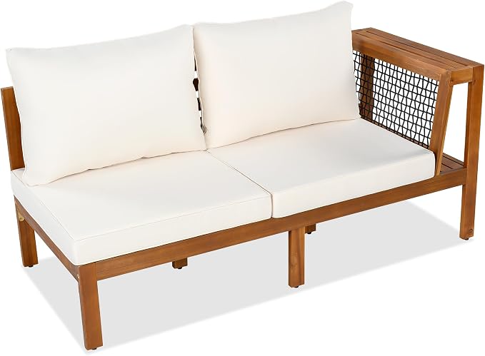 VilroCaz Acacia Wood Patio Sectional Sofa Set, All-Weather Outdoor Conversation Set with Coffee Table and Woven Mesh Armrests, Corner Design Patio Set with Cushions and Side Table (Beige Cushions)