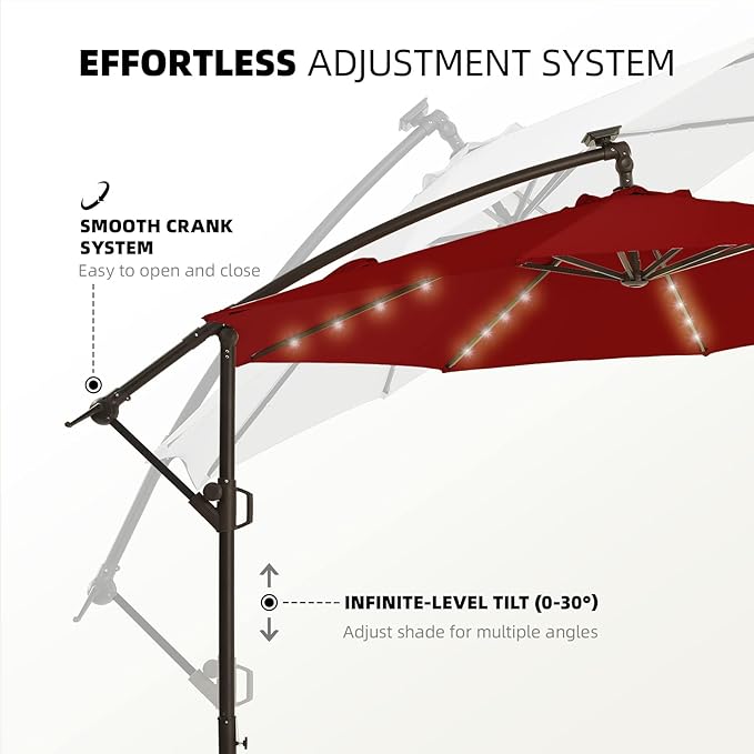 wikiwiki 10FT Solar Patio Offset Umbrella Outdoor Cantilever Umbrella Hanging Umbrellas with Weighted Base, Market Patio Umbrella for Backyard, Garden & Deck, Burgundy