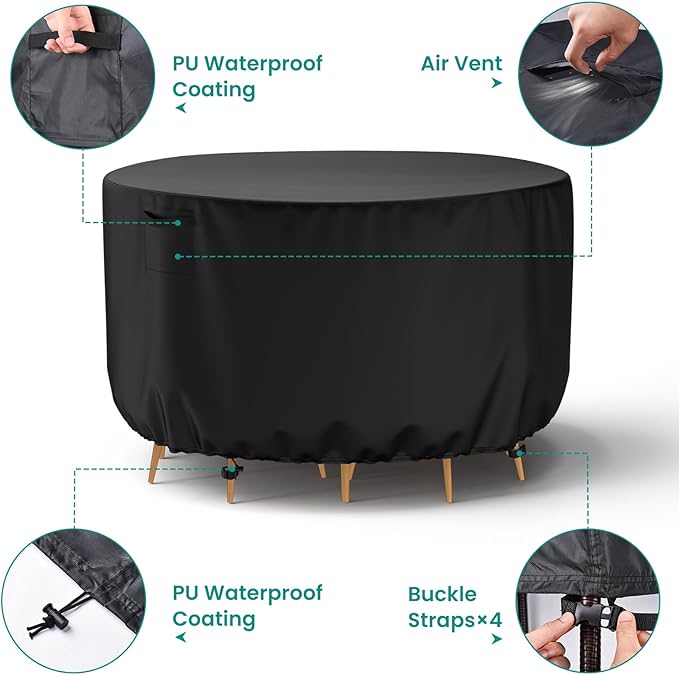 Mrrihand Round Patio Furniture Cover - Outdoor Chair Covers Waterproof Heavy Duty 600D Outdoor Table Chair Set Covers Anti-Fading Cover for Outdoor Furniture Set, 62"DIAx28"H, Black
