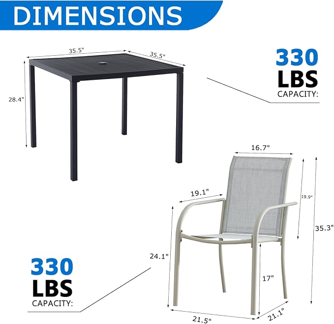 5-Piece Outdoor Dining Set, 35.5" Square Metal Patio Table with Beige Chairs, Black Table with Umbrella Hole for Garden, Yard, Patio