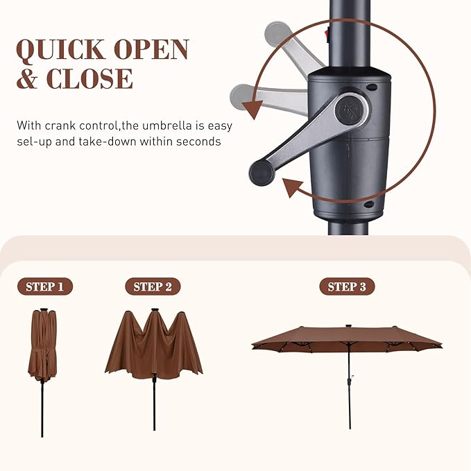 13 ft Patio Umbrella with 36 LED Lights, Large Rectangle Outdoor Solar Umbrella with Strap, Crank, Coffee