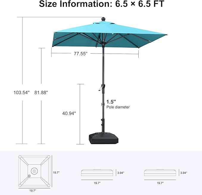 PURPLE LEAF 6.5' x 6.5' Square Patio Market Umbrella with Base Outdoor Table Umbrellas Aluminum Frame Sun Shade with 8 Sturdy Ribs Tilt for Garden Deck Lawn Pool Turquoise Blue