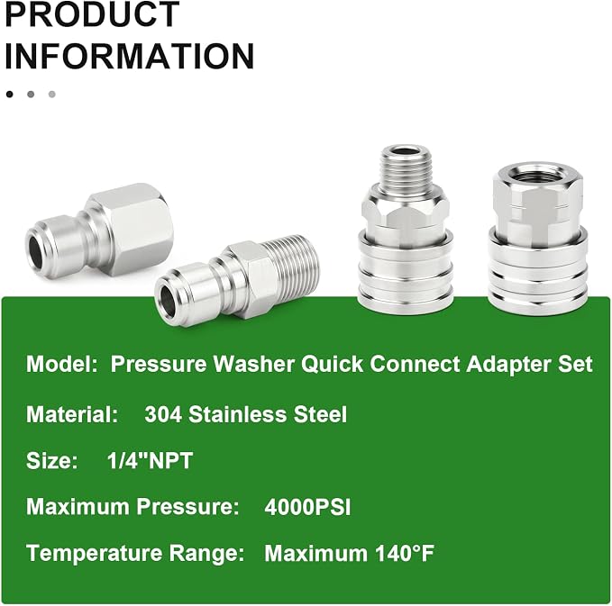 TAISHER 1PCS 304 Stainless Steel Pressure Washer Adapter Kit, NPT Quick Connect Fittings, 1/4" NPT Thread