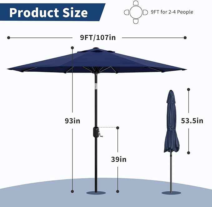 9FT Outdoor Patio Umbrella, 8 Ribs Market Table Umbrella with Tilt & Crank, UV-Resistant Waterproof for Pool, Deck, Backyard, Navy Blue