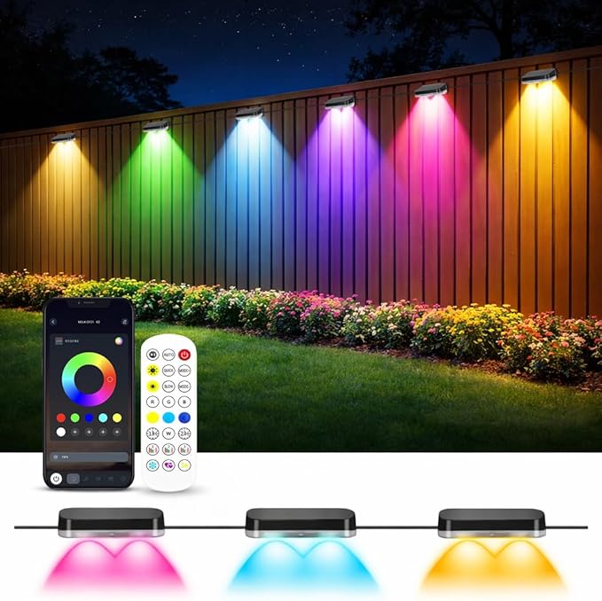 ZAIYW Outdoor Fence Lights 100ft 16 Pack, Smart RGB Build in Chip Color Changing Deck Lights with Timer Remote APP, Plug in LED String Lights Waterproof for Backyard Garden Patio Decor
