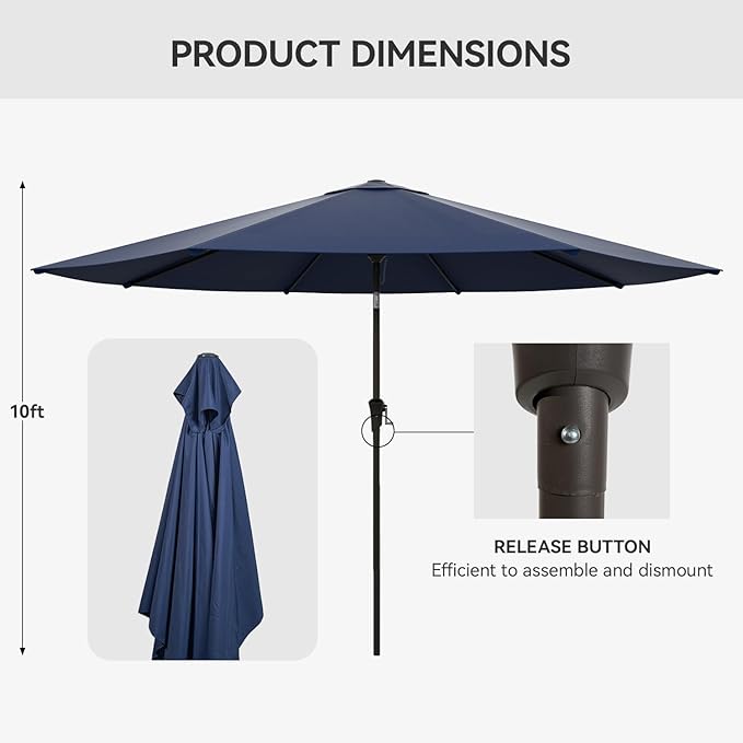Nalupatio 10ft Outdoor Patio Umbrella,Table Umbrella,Yard Umbrella,Heavy-Duty Round Market Umbrella with 8 Sturdy Ribs,Push Button Tilt and Crank for Garden,Deck,Backyard,Pool-Navy