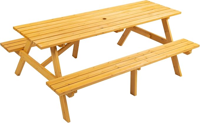 8 Person Wood Picnic Table, Rectangular Outdoor Wooden Picnic Table with 2 Built-in Benches, Umbrella Hole, Outside Table and Bench Set for Garden, Backyard, Porch, Patio, 2220lb Capacity - Yellow