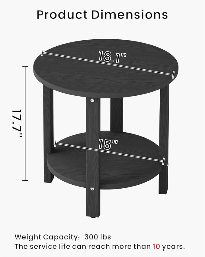 HDPE Round Outdoor Side Table, 18.1-Inch Weatherproof Small Outdoor Table for Adirondack, 2-Tier Patio End Table for Garden Backyard Porch Deck Balcony Poolside (Black)