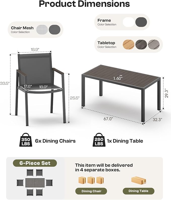 Outdoor Dining Table, Aluminum Patio Table Set, All Weather Patio Dining Furniture Set with Umbrella Hole for Backyard, Deck, Poolside (Charcoal)