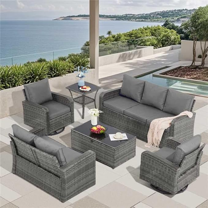 6 Pieces Patio Furniture Sets with Swivel Chairs, Outdoor Furniture Set for Porch Deck Bistro Lawn Garden Backyard Poolsid- Grey Rattan/Grey