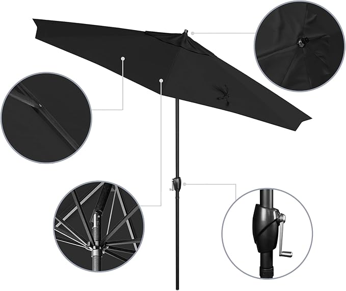 California Umbrella 12-Year Protection 9' Rd Aluminum Patio Umbrella, Crank Lift, Auto Tilt, Black Finish, Sunbrella Black