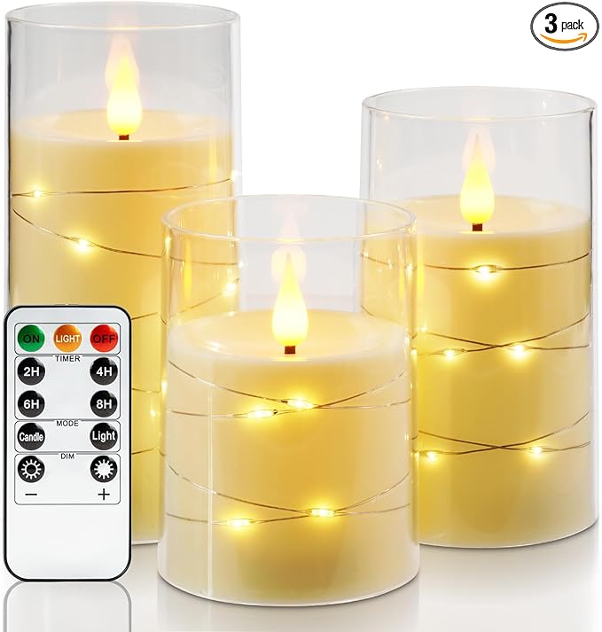 Amagic LED Flameless Candles, Battery Operated Candles with Embedded Fairy Lights, Acrylic Fake Candles with Remote and Timer for Wedding Home Decor, Ivory White, Set of 3, D3 x H4 5" 6"