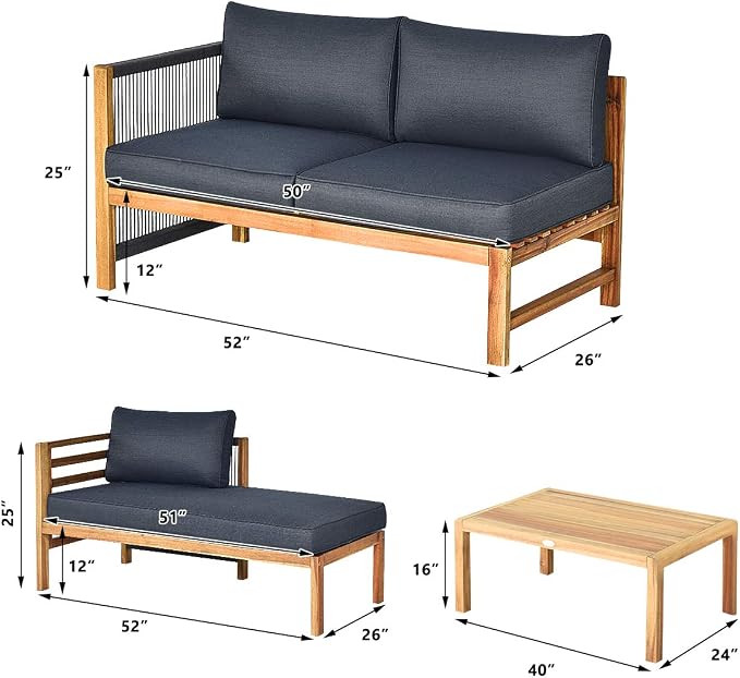 Giantex 3 Piece Outdoor Patio Furniture Set, Acacia Wood Sectional Sofa w/Seat Cushions, Wooden Conversation Seat Couches and Coffee Table, Cushioned Garden Sofa Set for Outdoor Indoor (Grey)