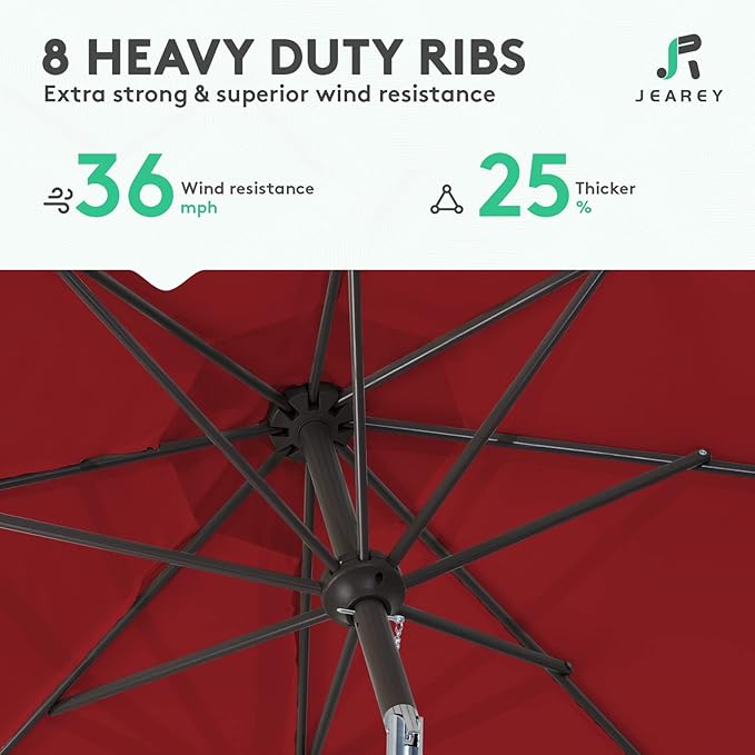 JEAREY 9FT Outdoor Patio Umbrella Outdoor Table Umbrella with Push Button Tilt and Crank, Market Umbrella 8 Sturdy Ribs UV Protection Waterproof for Pool, Garden (Red)
