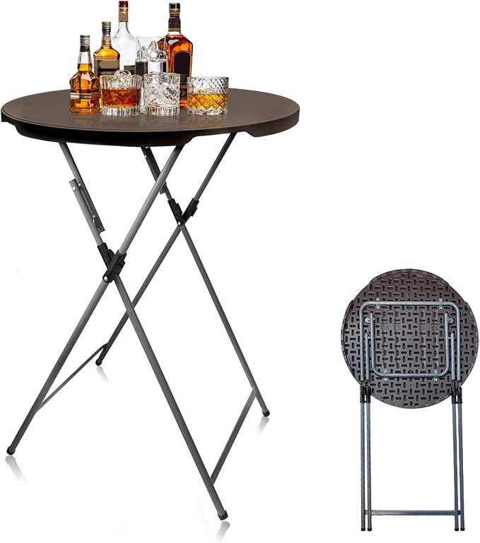 GUAGUA 32" Round Plastic Folding High Top Table - Versatile Bar, Cocktail & Portable Pub Table for Parties, Bistro & Events(Brown)