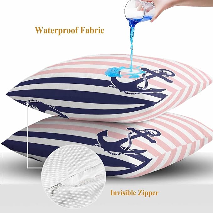 Throw Pillow Covers 26x26 Inch Set of 2, Anchor Pink Waterproof Outdoor Cushion Covers, Modern Navy Blue White Striped Nautical Decorative Pillowcases for Couch, Sofa, Bed, Garden, Patio