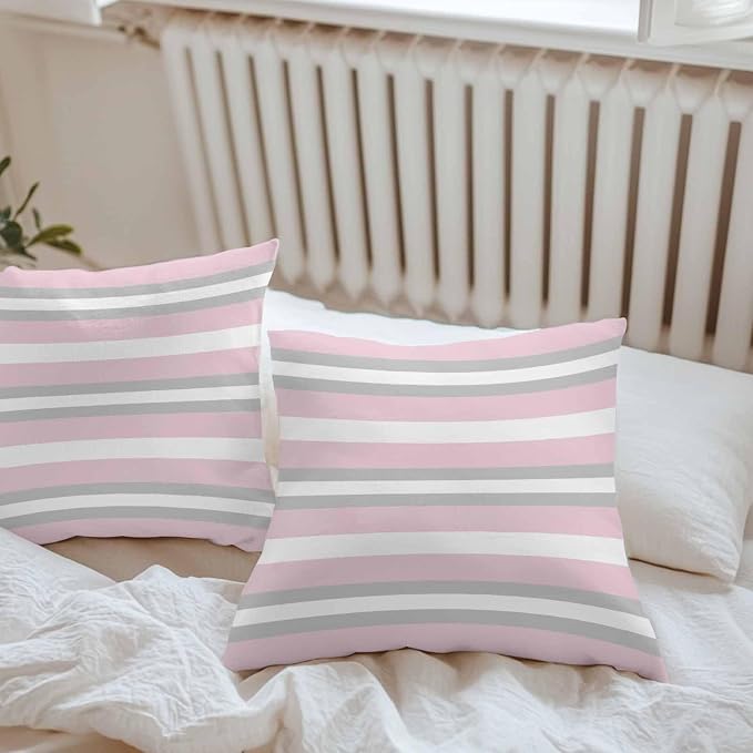 Throw Pillow Covers 26x26 Inch Set of 2, Pink Grey Stripe Waterproof Outdoor Pillow Covers, Minimalist Farmhouse Striped Decorative Cushion Pillowcases for Couch, Sofa, Bed, Garden, Patio