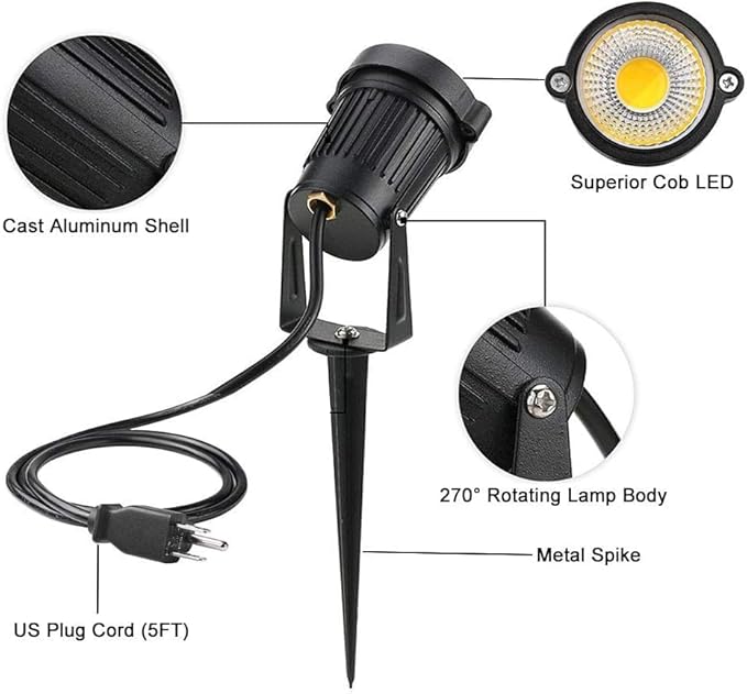 Romwish LED Landscape Spotlights 10W, 120V Plug in Outdoor Spot Lights, 1100LM 3000K Warm White Landscape Lighting, IP65 Waterproof Garden Lights for Yard Tree Pathway Flag (12Pack/10W)