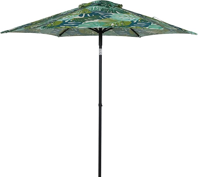 7.5 Foot Round Patio Umbrella with Palm Leaf Pattern, Push-Up Opening Mechanism and 3-Position Angle Tilt, Outdoor Market Umbrella for Garden Deck or Café, Lightweight Portable Sun Shade