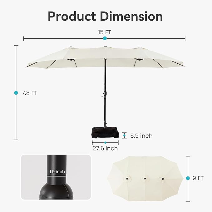 COSIEST 15FT Patio Umbrella with Base Included, Outdoor Double-Sided Table Umbrella,Large Rectangular Market Umbrella w Crank Handle for Garden, Pool, Deck Shade,Beige