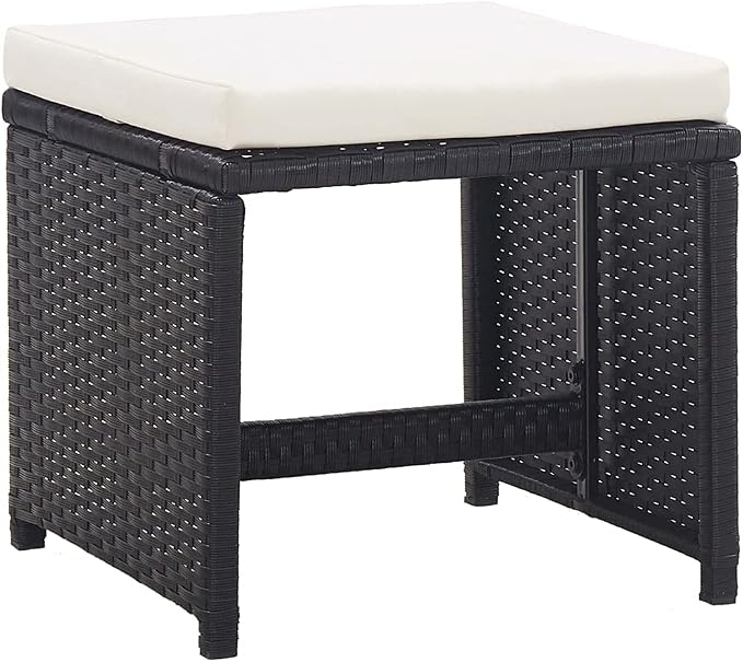 11 Piece Patio Dining Set with Cushions, Black Poly Rattan Outdoor Furniture Set with 1 Table, 6 Chairs, 4 Stools, 16 Cushions, Powder-Coated Steel Frame, Glass Top