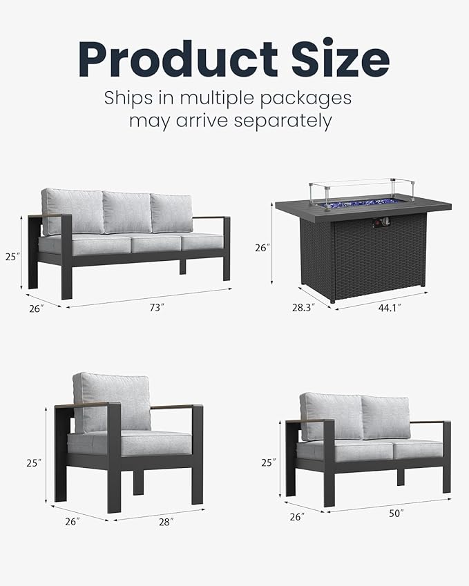 7 Pieces Aluminum Outdoor Patio Furniture Set with Fire Pit Table, Outside Metal Patio Conversation Sets with Deep Seating and Thick Cushions