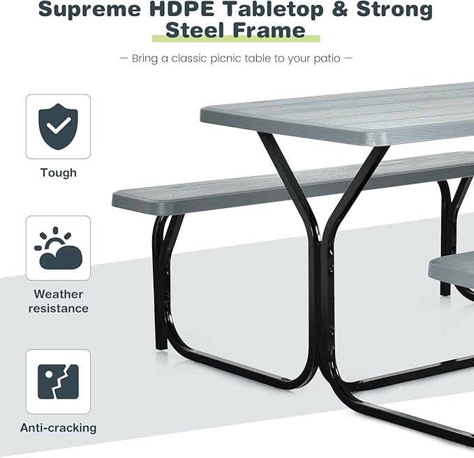COSTWAY Outdoor Picnic Table, HDPE Plastic Picnic Table Bench Set with Weather Resistant Tabletop & Wood Texture, Ideal for Patio, Backyard (59" D x 54" W x 28.5" H,Grey)