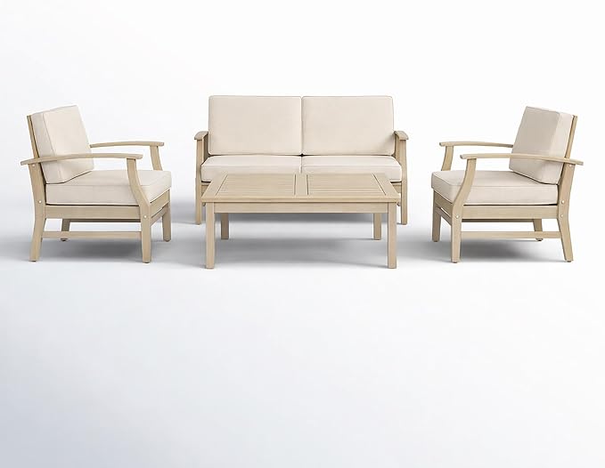 Christopher Knight Home Ace 4-Piece Outdoor Patio Furniture Set, Acacia Wood Patio Conversation Set with Loveseat, Accent Chairs And Coffee Table, 4-Seater Patio Sofa Set With Cushion,Light White+Sand