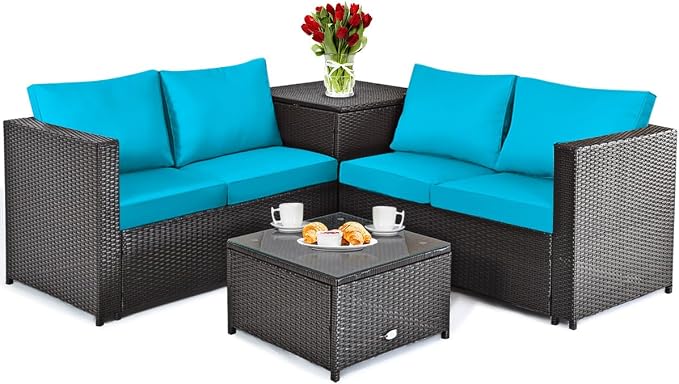 DORTALA 4 Pieces Outdoor Patio Furniture Set, Weather Resistant PE Rattan Conversation Set with 2 Loveseats, Outdoor Sectional Sofa Set with Comfy Cushions for Garden and Poolside, Turquoise