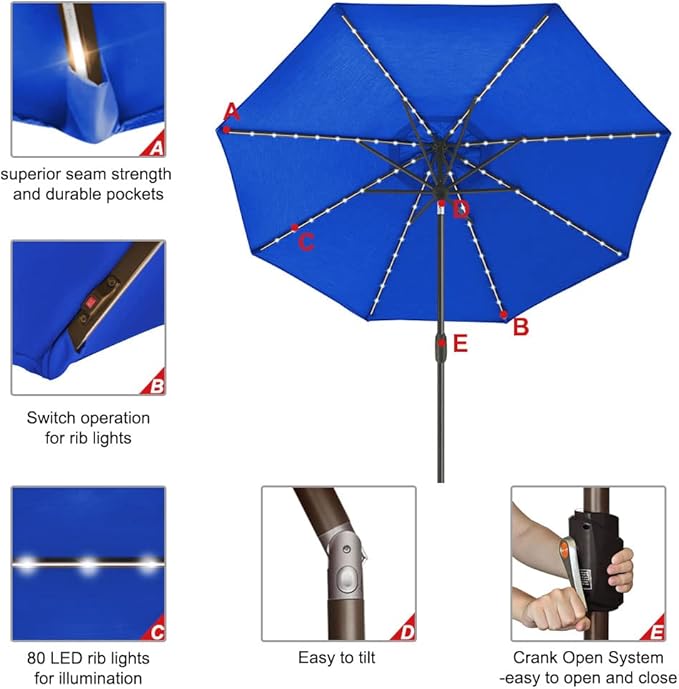 EliteShade USA 10-Year-Non-Fading 9ft Market Patio Umbrella, Commercial Grade Table Sun Umbrella with 80 Solar LED Lights, Crank Open, Windproof & UPF 50+ UV Protection for Garden, Deck, Pool, Backyard, Royal Blue