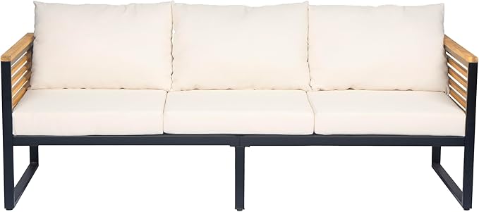 Christopher Knight Home Alvin 3-Piece Acacia Wood Metal Patio Furniture Set, Outdoor Sectional Conversation Sofa Chat Set with Coffee Table and Ottoman for Backyard or Balcony, Teak+Beige+Black