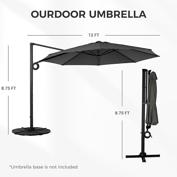 Grand patio 12 FT Patio Umbrella, Outdoor Large Round Cantilever Umbrella with 360° Rotation, Aluminum Offset Umbrella for Patio Garden Deck Pool, Dark Gray