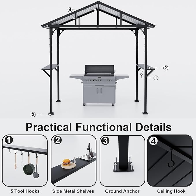 ALAULM 8'x 5' Hardtop Grill Gazebo, Outdoor BBQ Gazebo Metal Roof Canopy with 2 Metal Side Shelves & 5 Tool Hooks for Patio, Garden, Backyard, Poolside (Dark)