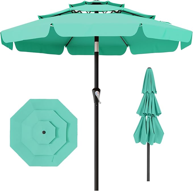 AreShark 9FT 3-Tiers Patio Umbrella with Valance, Outdoor Umbrellas with Crank/Tilt, Table Market Umbrella Vented w/ 8 Sturdy Ribs for Garden, Deck, Backyard, and Pool, Aqua Sky