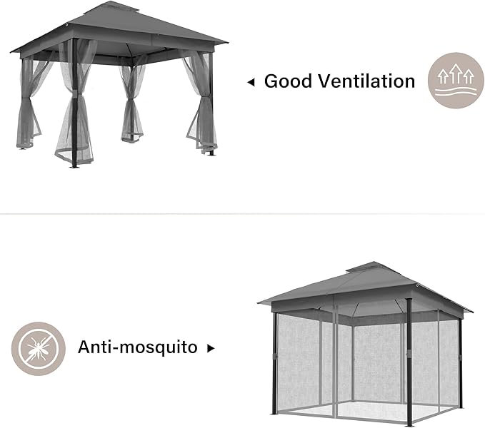 LAUSAINT HOME Patio Gazebo 10'x10', Outdoor Heavy Duty Party Tent Shelter with Double Roofs, Mosquito Nettings for Backyard, Garden, Lawn, Gray