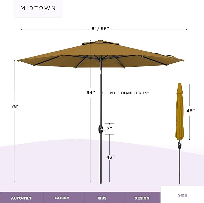 Midtown Umbrellas 10-Year-No-Fade - 8 Ft - UV Proof Sand (Tan) Polyester Fabric - Umbrella Outdoor Patio, Auto-Tilt Aluminum Frame Patio Umbrella for Garden, Pool & Deck - Black Pole