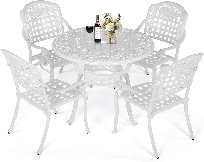 VIVIJASON 5-Piece Patio Furniture Dining Set, All-Weather Cast Aluminum Outdoor Conversation Set, Include 4 Chairs and 1 Round Table w/Umbrella Hole for Balcony, Lawn, Garden, Backyard, White
