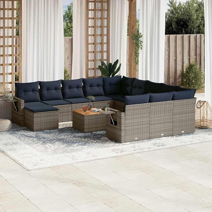 vidaXL Patio Sofa Set with Cushions 13 Piece, Outdoor Conversation Set, Sectional Sofa for Balcony Garden, Patio Furniture, Gray Poly Rattan