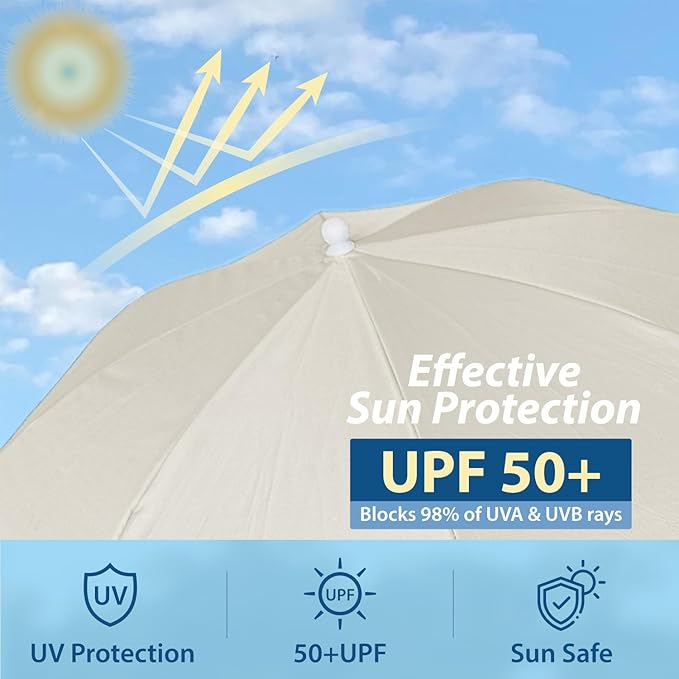 AMMSUN Chair Umbrella with Universal Clamp Adjustable 47 inches and 360° Swivel & UPF 50+ Protection Portable Sun Umbrella, Secure Clip on Camping/Beach Chairs, Stroller, Wheelchair, Golf cart, Lounger, Beige, 2 PACK