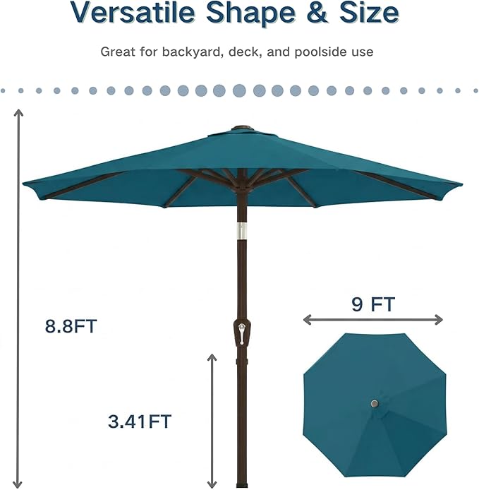 PatioKingdom 9FT Patio Outdoor Umbrella-UPF 50+ Sun Shade with Wind Vent, Push-Button Tilt & Smooth Crank Lift, Rust-Resistant Fiberglass Frame for Garden, Backyard,Yard (Lake Blue)