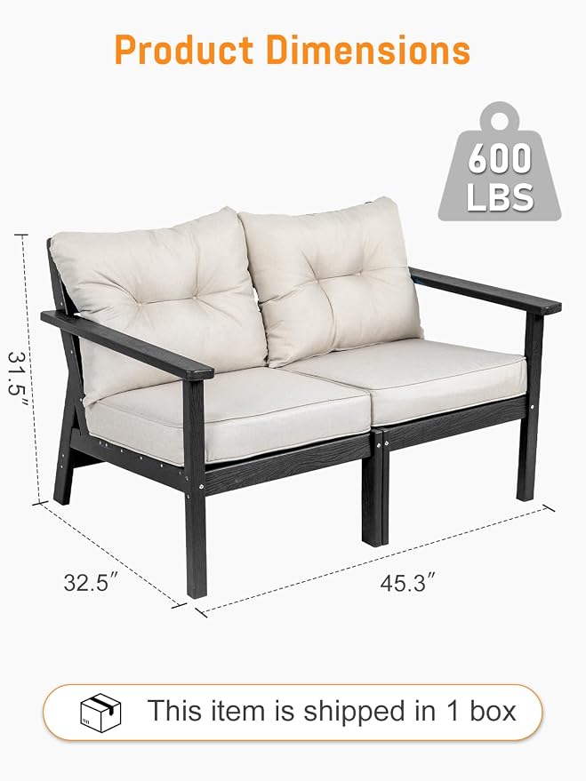 2 Seat HDPE Patio Loveseat, Outdoor Conversation Bench, Patio Furniture | Water-Resistant Thick Cushion, HDPE All Weather, Wood-Grain, No Rot or Rust or Crack, UV Fade Shield, Easy-Clean for Outside