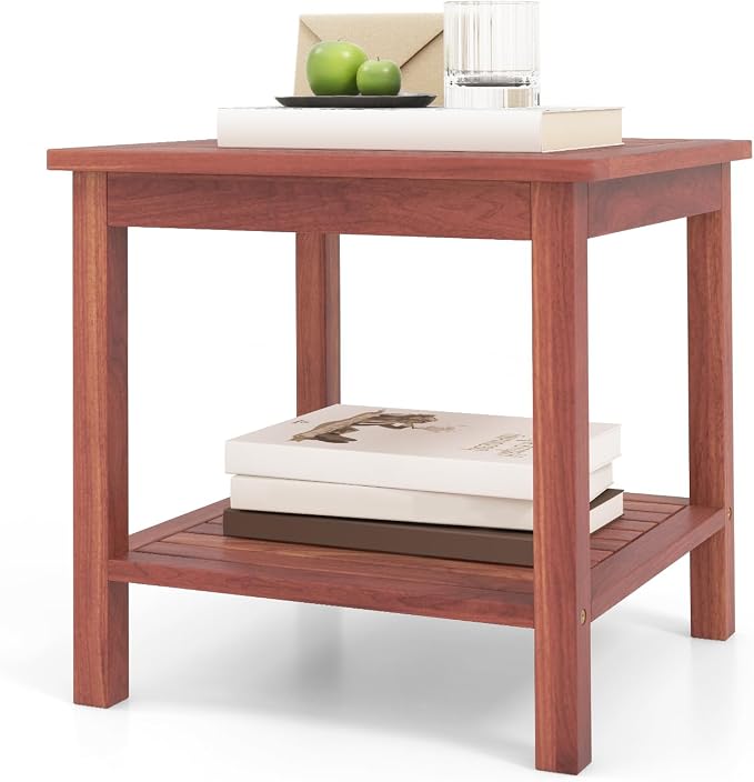 Tangkula Patio Side Table, Double-Tier Acacia Wood End Table, Slatted Tabletop & Shelf, Outdoor Small Side Table with Storage, Compact Wood Table for Backyard, Balcony (1, Natural)