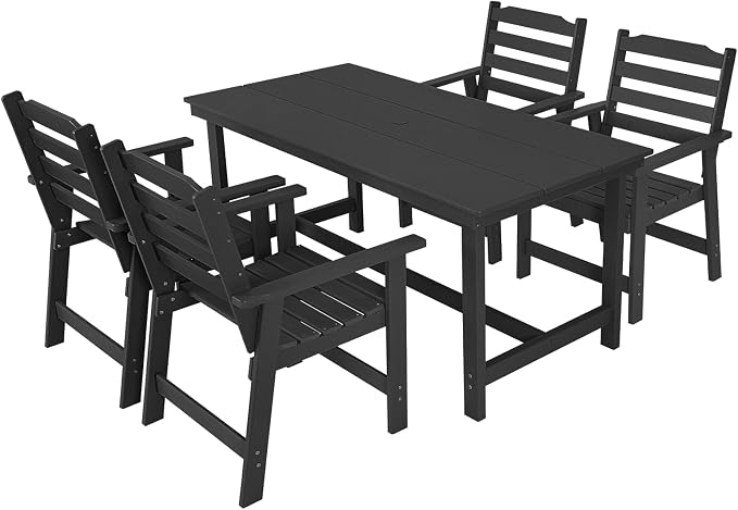 FUNBERRY Outdoor Dining Set, HDPE 5 Piece Dining Table Set with Chairs | 2" Umbrella Hole Table, Wood-Grain, HDPE All Weather, No Rot or Rust or Crack, UV Fade Shield, Easy-Clean for Outside