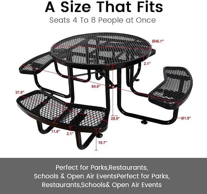 46" Round Commercial Picnic Table for 4-8 Person, Heavy Duty Metal Outdoor Picnic Table with Umbrella Hole for Coffee Shop, School, Hospital, Easy to Install, Black