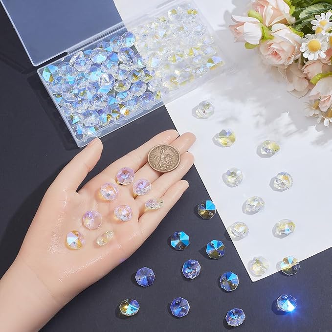 1 Box 120Pcs 14mm Glass Octagon Crystal Beads Crystal Suncatcher Beads with 2 Hole Clear AB Suncatcher Supplies Chandelier Replacement Connector Spacers for DIY Lamp Hanging Pendant Jewelry