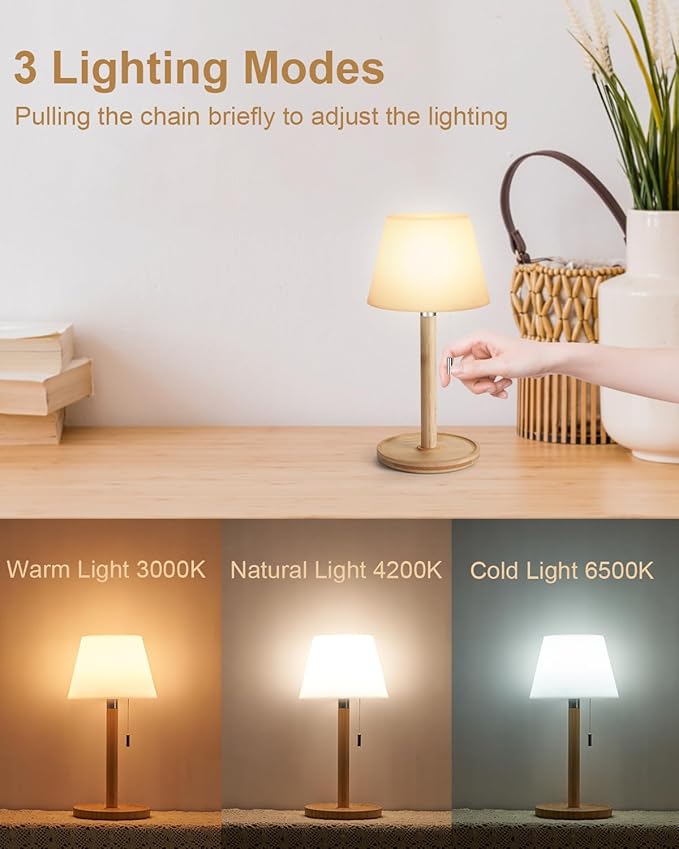 Outdoor Waterproof Table Lamp for Patio, Small Cordless Battery-Operated Lamp, Rechargeable Shower Light, 3 Lighting Modes Desk Light with Pull Chain Garden Outside Camping Bathroom, Wood Grain